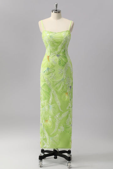 Green Sheath Sequins Spaghetti Straps Beaded Prom Dress with Slit